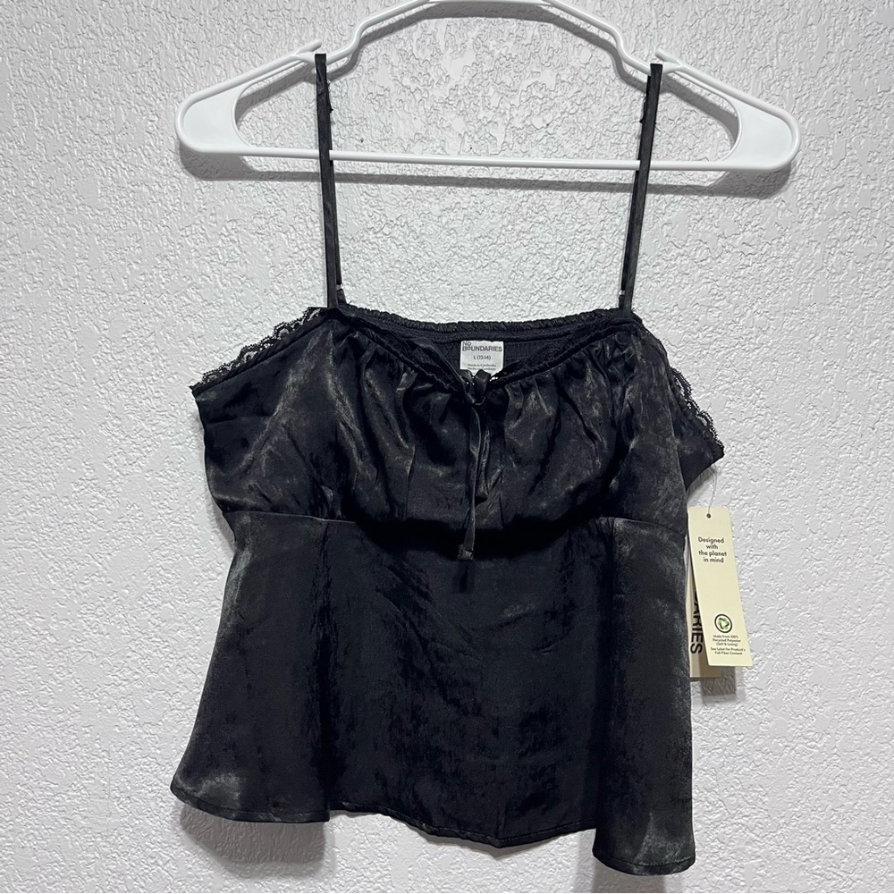 No Boundaries Satin Cami with Lace Trim and Tie, black Women's size L New